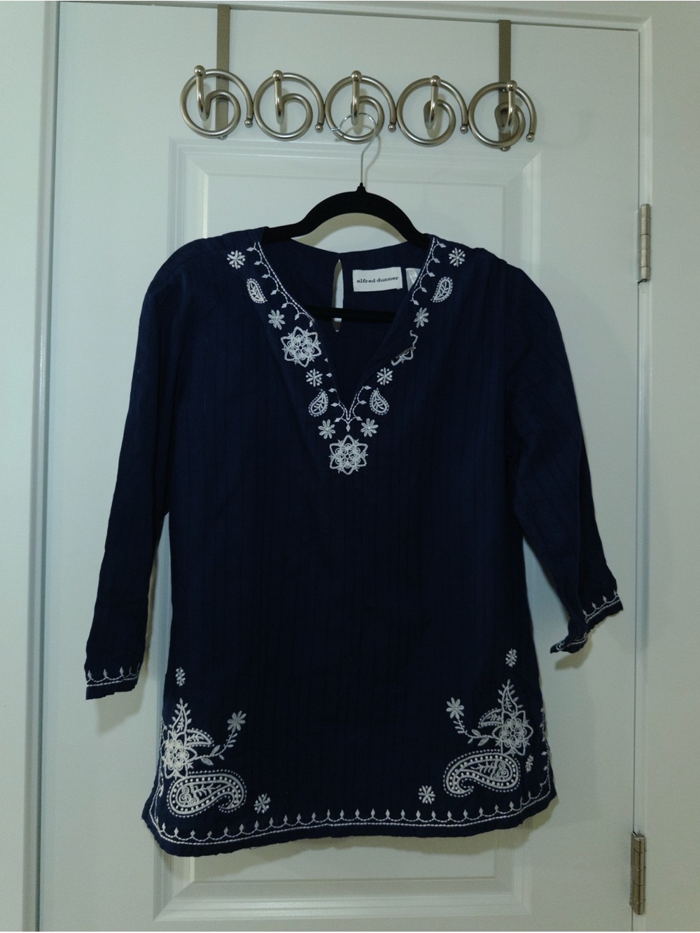 Alfred Dunner Navy Blue Tunic with White Embroidered Trim